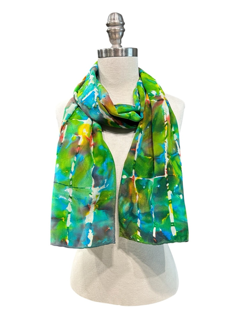 Hand Dyed Green, Yellow, Red, Dark Orange, Turquoise Silk Scarf NWT